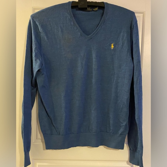 POLO RALPH LAUREN Classic Fit Blue V-Neck 100% Merino Wool, large sweater - Picture 6 of 8